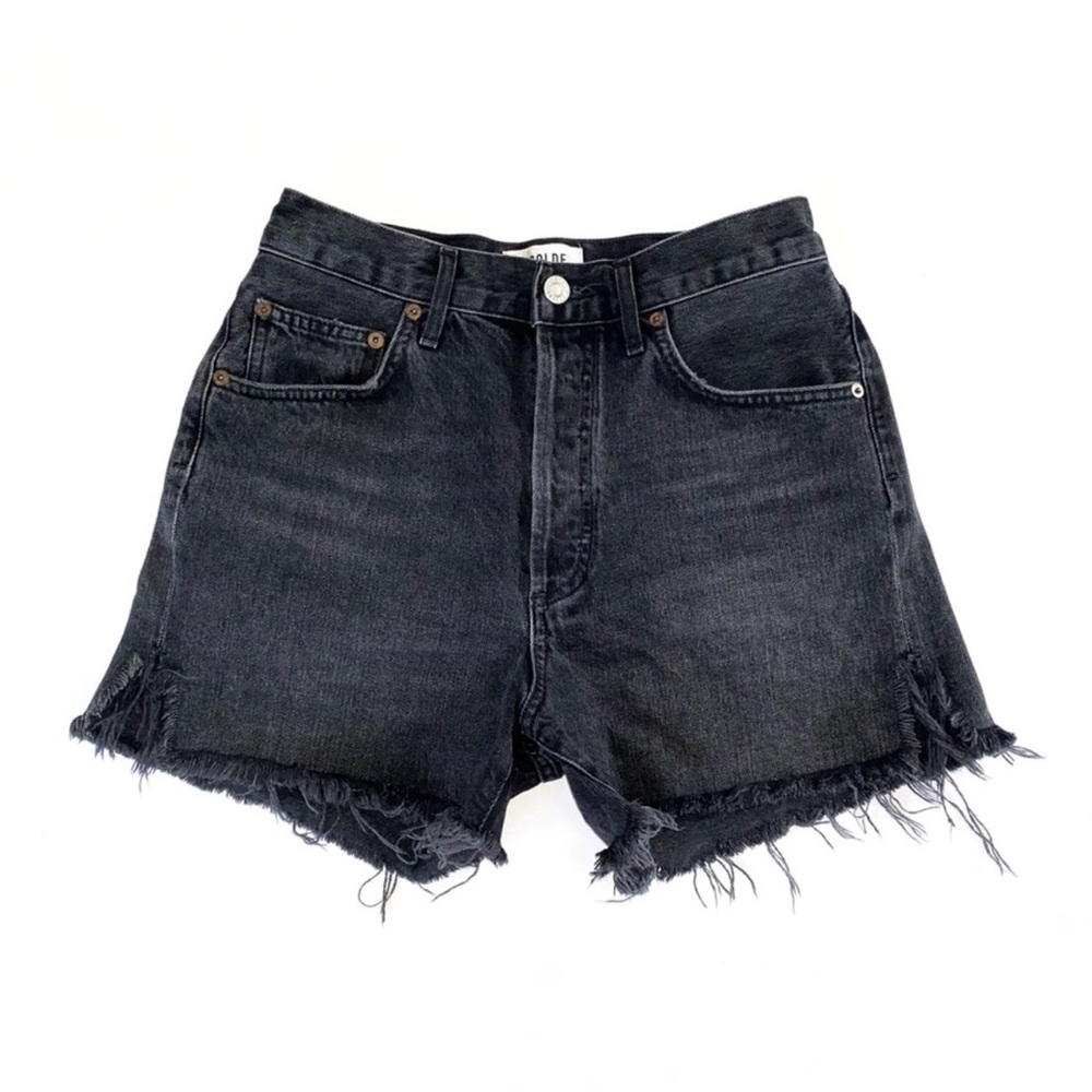 AGOLDE DEE FADED BLACK HIGH RISE WAISTED DISTRESSED FRAYED SIDE SLIT JEAN SHORTS